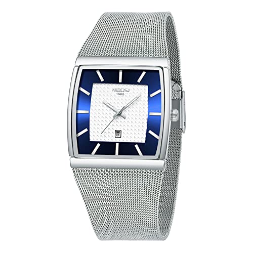 NIBOSI Men's Analog Watch, Square Dial Mesh Strap, Date Display - color: 2376-Silver Blue