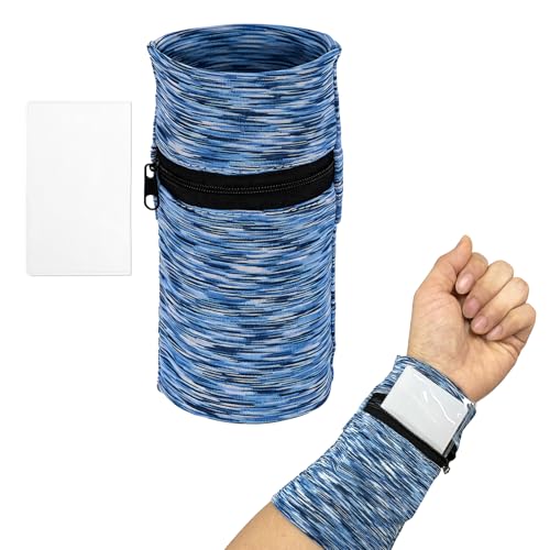 Wrist Pouch, Wrist Wallet Wristband with PVC Card Pouch Zipper Wristband Sports Sweatbands for Men and Women - color: Blue and White Stripes
