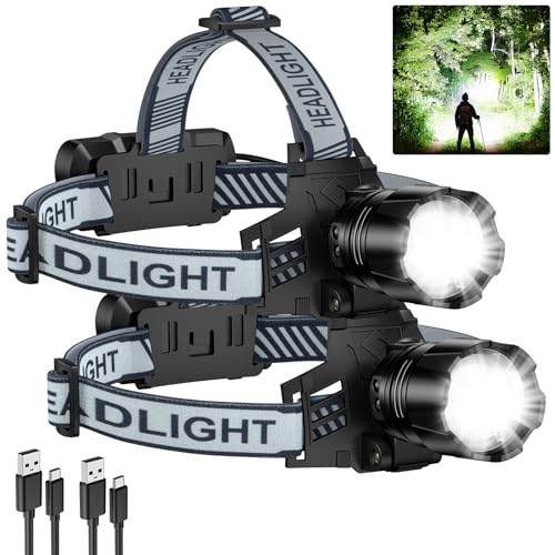 2Pack Headlamp Rechargeable, 99000 LM Super Bright LED Head Lamp with 3 Modes, 90° Adjustable Head Lights for Forehead, 20+Hrs Runtime & IPX6 Waterproof HeadLamps for Camping Running
