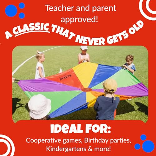 Activejoy - Parachute for Kids - 8ft /12ft / 16ft / 20ft / 24 ft / 30ft - Rainbow Parachute Toy with Handles - Great for Gym Class, Field Day & Outdoor Games - size: 8FT - 8 HANDLES