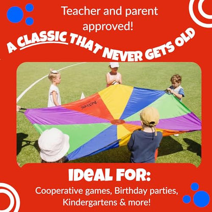 Activejoy - Parachute for Kids - 8ft /12ft / 16ft / 20ft / 24 ft / 30ft - Rainbow Parachute Toy with Handles - Great for Gym Class, Field Day & Outdoor Games - size: 8FT - 8 HANDLES