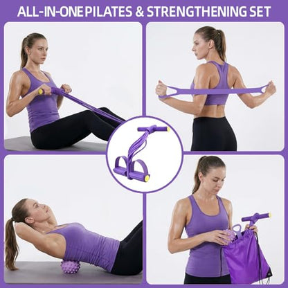 5PCS Ultimate Multifunction Pedal Resistance Bands with Handles - Foot Pedal Resistance Band for Total Body Workout, Includes Massage Ball,Bag &Quick Start Guide - color: Purple