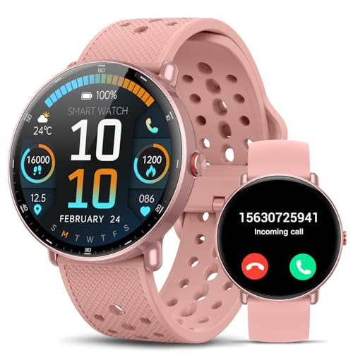 Smart Fitness Watch for Women Men for Android iPhone, Round Face Activity Tracker with Step Counter, Sleep & Calorie Monitor, Pedometer, Bluetooth Call, IP68 Waterproof, 112+ Sports (Pink) - color: Pink