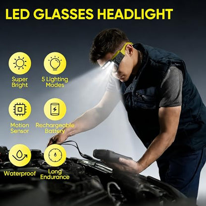 LED Rechargeable Headlight Glasses with Motion Sensor & Touch Control 5 Modes USB C Light Up Glasses Lighted Eyewear - color: Yellow-1