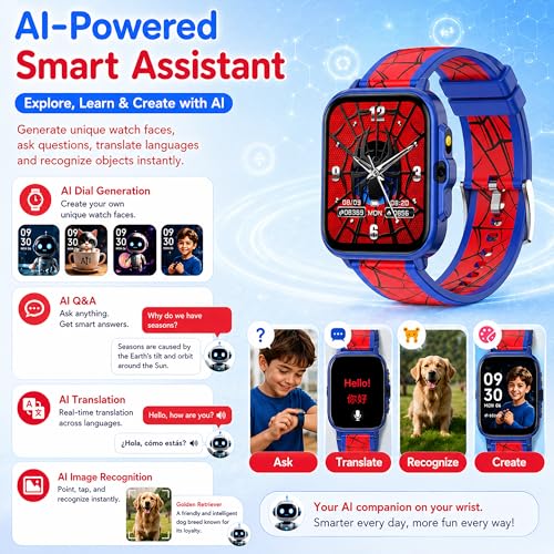 Smart Watch for Kids Boys Age 5-12, Ai Functions Games HD Touch Screen Watches with Video Camera Music Player Pedometer Heart Rate Sleep Tracker Christmas Birthday Gifts for Boys (Blue and Red, 1.85") - color: Blue and Red