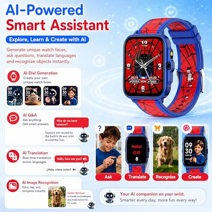 Smart Watch for Kids Boys Age 5-12, Ai Functions Games HD Touch Screen Watches with Video Camera Music Player Pedometer Heart Rate Sleep Tracker Christmas Birthday Gifts for Boys (Blue and Red, 1.85") - color: Blue and Red
