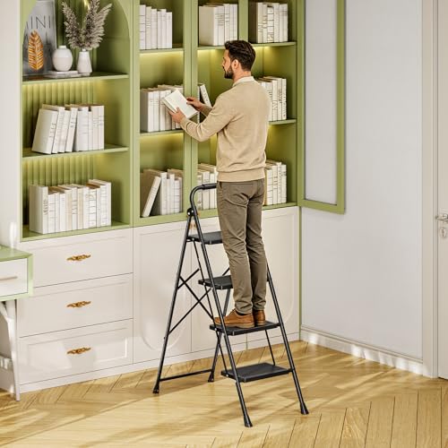 KINGRACK 4 Step Ladder Folding Step Stool with Handrail for Kitchen Black - size: 4-step