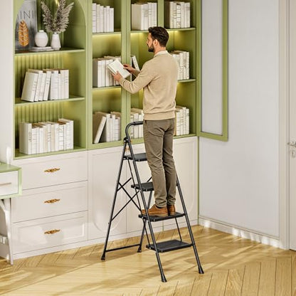 KINGRACK 4 Step Ladder Folding Step Stool with Handrail for Kitchen Black - size: 4-step