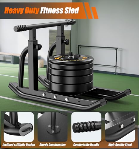 Football Sleds and Chutes, Weight Sled, Workout Fitness Sled for Training- Running Speed, Agility, Soccer, Strength, Adjustable Height Handle, Fits 1" & 2" Weight Plates - color: Black
