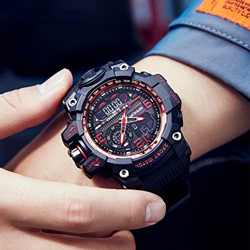 AIMES Men's Watches Sports Outdoor Waterproof Military Watch LED Date Alarm Stopwatch Multi-Function Tactics Big Face Wristwatch for Men - color: 3133-Red