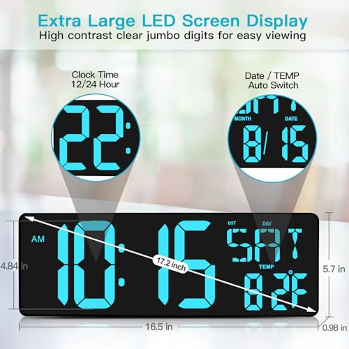 XREXS 17.2 Inch Large Digital Wall Clock with Remote Control - color: Ice Blue
