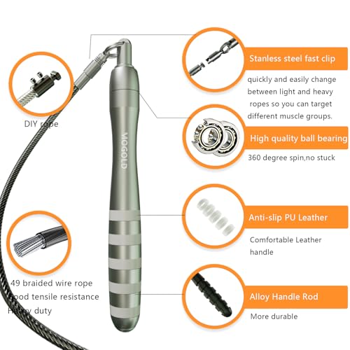 DIY Adjustable Weight Jump Rope (0.4LB /1/2LB/0.7LB /0.8LB) Interchangeable 2mm & 5mm Cable for CrossFit, Double Unders, HIIT Workouts - Fast Clamp System, 10ft Adjustable - color: Silver
