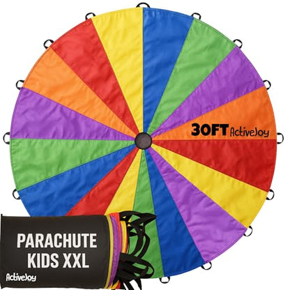 Activejoy - Parachute for Kids - 8ft /12ft / 16ft / 20ft / 24 ft / 30ft - Rainbow Parachute Toy with Handles - Great for Gym Class, Field Day & Outdoor Games - size: 30FT - 30 HANDLES