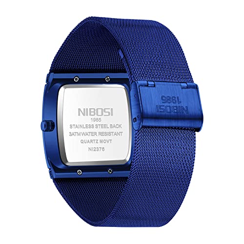 NIBOSI Men's Analog Watch, Square Dial Mesh Strap, Date Display - color: 2376-Blue
