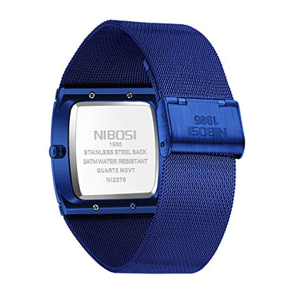 NIBOSI Men's Analog Watch, Square Dial Mesh Strap, Date Display - color: 2376-Blue