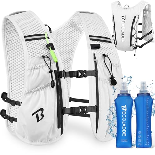 BECOJADDE Running Vest for Women Men, 5L/6L Lightweight Hydration Backpack Running Pack for Marathon, Trail, Cycling, Hiking, Jogging - color: White