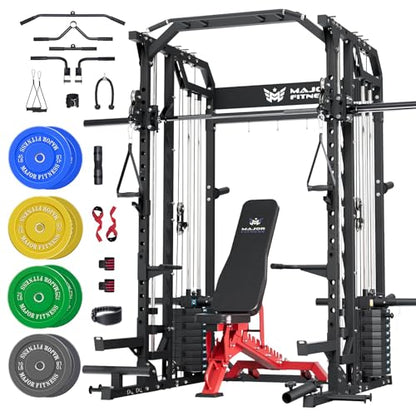Major Fitness Drone2 Advanced Training Smith Machines– All-in-One Home Gym Squat Rack with Aluminum Pulley Set , Weight Bar, Dual LAT Pull-Down Systems & Cable Crossover Machine for Full-Body Workouts - style: BK D2AW Package(with RD Elite Bench+230lb)
