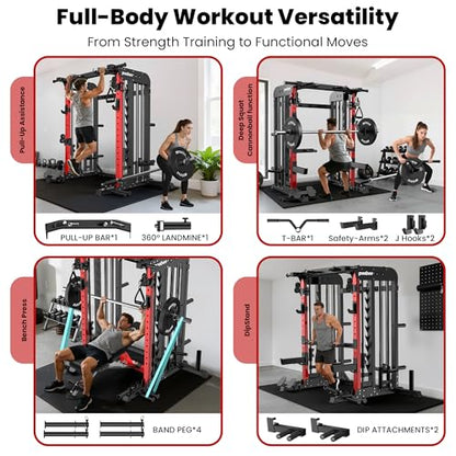 pooboo Power Cage Smith Machine with 2000LB Squat Rack Cable System
