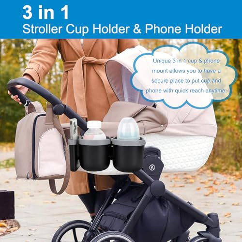 Accmor Stroller Cup Holder with Phone Holder, Bike Cup Holder, Universal Cup Holder for Uppababy Nuna Strollers, 2-in-1 Drinks Holder for Walker, Wheelchair, Scooter - color: Double Holder-Grey