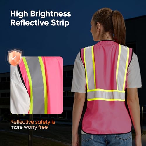 sesafety High Visibility Vest for Women, Slim Fit Drawstring Safety Vests - color: Pink1109, size: Medium