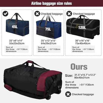 REDCAMP 85L/120L/140L Foldable Duffle Bag with Wheels, Large Travel Duffel Bag - color: 100l Red