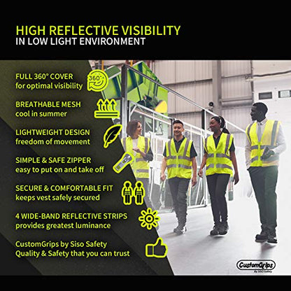 CustomGrips, Highly Visibility Original Safety Vest with 4 Highly Reflective Strips for Safety, Zipper Mesh Breathable Fabric for Outdoor Work, Jogging, Sports - ANSI/ISEA 107-2015(Class 2)[4X-Large]