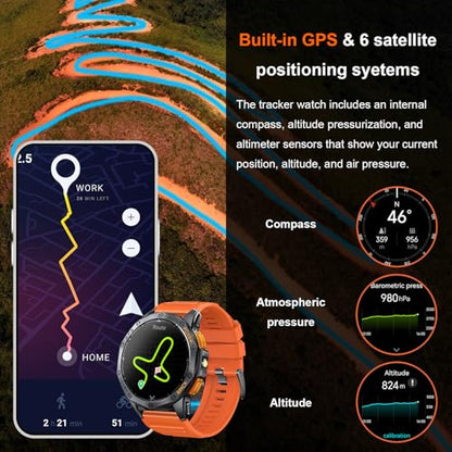 Military Smart Watch for Men, Built-in GPS, 30-day standby, 1.43" AMOLED - color: Black & Orange (2 Bands)