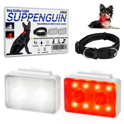 Rechargeable Dog Collar Lights, SUPPENGUIN 3+4 Modes Dog Lights Clip on for Night Walking, Night time, Portable, IP44 Waterproof (White, 2 Pack) - color: White