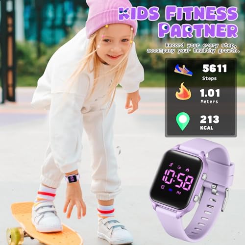 Kids Digital Watches for Boys Girls, Sports Watch with Fitness Tracker, Pedometer, Alarm Clocks, Stopwatch, No App Needed Waterproof Kids Watch, Gift for Teens Student Girls Boys Ages 5-14 - color: L6615E-Purple