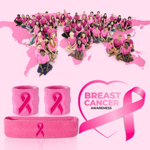 Suddora Sweatbands Set, Moisture Wicking 2 Wristbands and 1 Headband, Breathable Terry Cloth Athletic Bands for Basketball, Tennis, Yoga, Gym, Sweat Bands for Costumes and Cosplay - color: Pink Ribbon