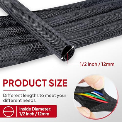 Black Split Braided Cable 1/2inch -12Feet Management Sleeves - size: 1/2"-12Feet