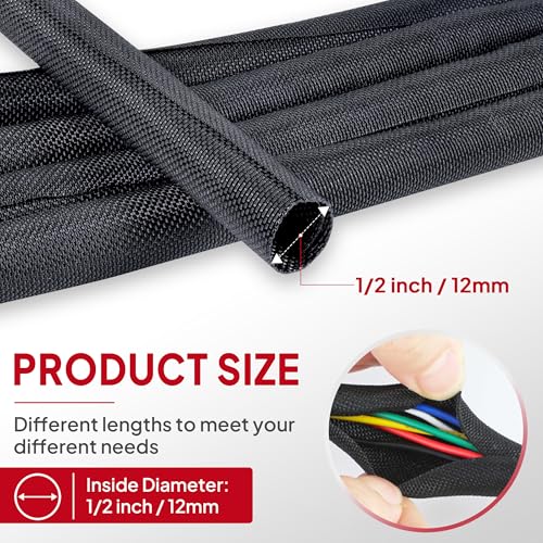 Black Split Braided Cable Management Sleeves 1/2inch -30Feet - size: 1/2"-30Feet