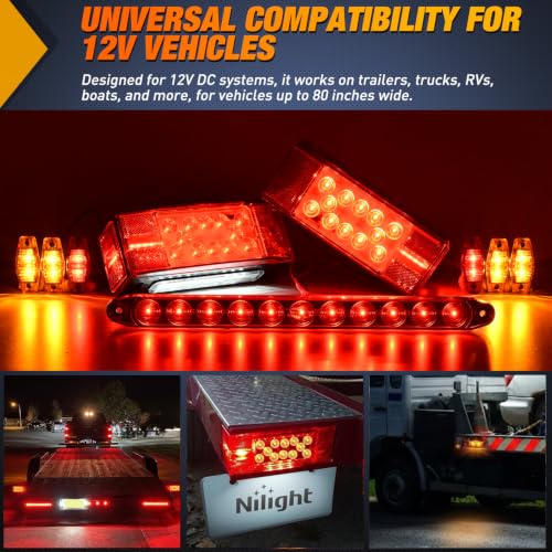 Nilight LED Trailer Light Kit Submersible Rectangular Tail Marker Lights - color: Red Trailer Light w/11LED ID Bar w/Marker Lights