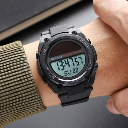 FANMIS Men's Solar Digital Sports Watch 50M Water Resistant Military Watch - color: Black White