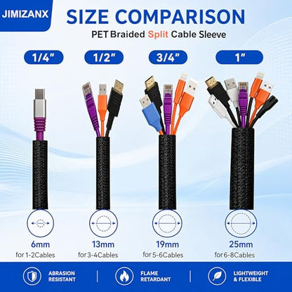 Split Cable Management Sleeve 1/4" Braided Wire Loom Tubing Cord Protector - size: 10ft - 1/4"