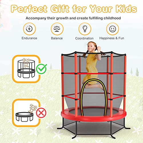 GYMAX Toddler Trampoline, 55” Trampoline for Kids with Bottom-to-Top All-Round Enclosure Net & Seamless Jumping Mat, ASTM Approved Easy Assembly Kids Mini Trampolines Indoor/Outdoor - color: Shine Red