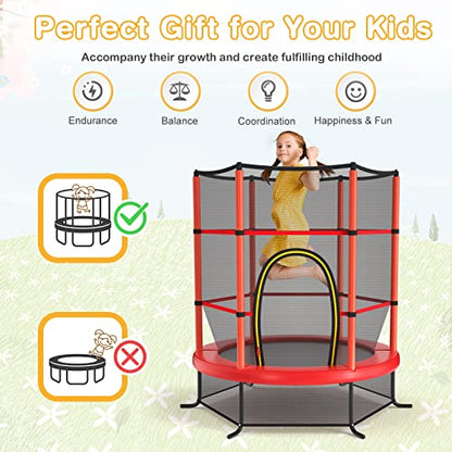 GYMAX Toddler Trampoline, 55” Trampoline for Kids with Bottom-to-Top All-Round Enclosure Net & Seamless Jumping Mat, ASTM Approved Easy Assembly Kids Mini Trampolines Indoor/Outdoor - color: Shine Red