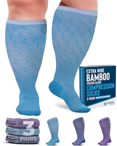 Doctor's Select® 3 Pairs Plus Size Compression Socks Wide Calf - Bamboo Viscose Knee High Socks | Circulation Support - color: S Pattern (Purple/Indigo/Teal) - 3 Pairs, size: 3X-Large
