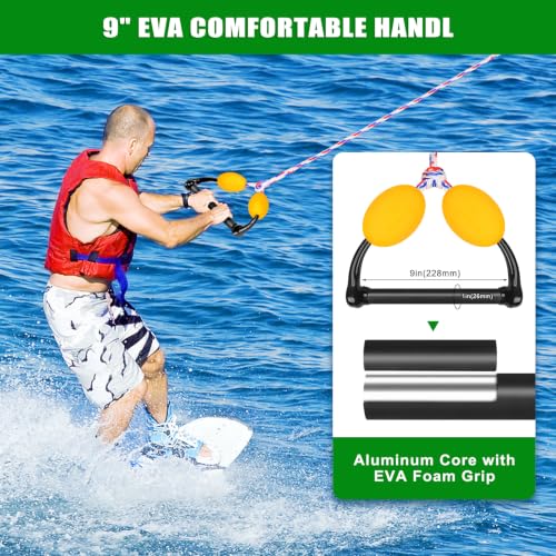 Dolibest 75FT Floating Water Ski Rope with Comfortable Handle, 4-Section Adjustable Wakeboard Tow Rope for Wakeboarding,Waterskiing,Kneeboarding & Tubing, 1600LB Strength & Reinforced End - color: White + Red + Blue (with Float Ball)