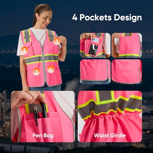 sesafety High Visibility Vest for Women, Slim Fit Drawstring Safety Vests - color: Pink, size: Large