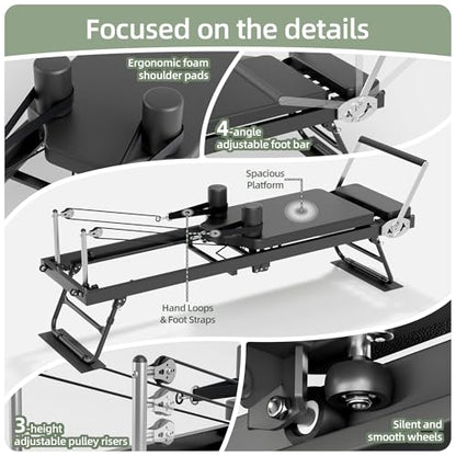 Pilates Reformer, Foldable Reformer Pilates Machine with Dual Resistance - Springs and Cord, Pilates Machine for Advanced and Beginners Users, Up to 300 lbs Weight Capacity, Black