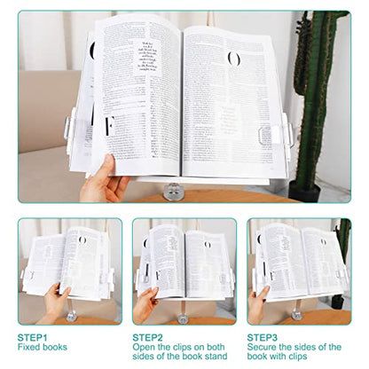 PATIKIL Book Stand for Reading, Metal Reading Rest Book Holder with Page Clips, Height Angle Adjustable, 360° Rotating Arm Suitable for Sheet Music, Laptop