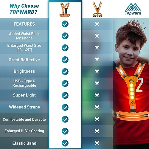 Topward LED Reflective Vest Running Gear, USB-C Rechargeable, Light Up Lights for Night Dog Walking Cycling, Running Phone Holder Vest for Runners, High Visibility with Adjustable Waist/Shoulder - color: orange