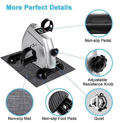 Mini Exercise Bike, AGM Under Desk Bike Pedal Exerciser Foot Cycle Arm & Leg Pedal Exerciser with LCD Screen Displays - color: Silver