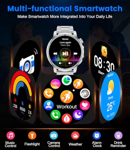 Military Smart Watch for Men Answer/Make Call, 1.85'' HD Rugged Smartwatch with 1000mAh Battery/Flashlight/Heart Rate/110+ Sports Mode, IP68 Waterproof Fitness Tracker Watch for Android iPhone - color: Silver