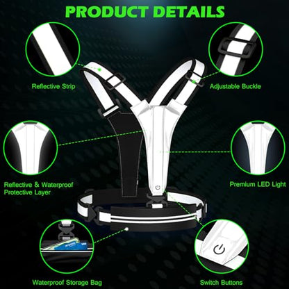 LED Reflective Vest Running Gear, USB Rechargeable Light Up Running Vest Chest Phone Holder for Runners Night Walking - color: Black