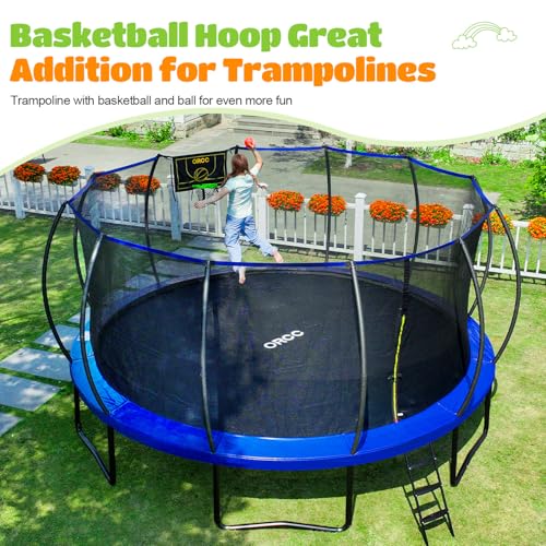 ORCC 16 15 14 12 10 8FT Kids Trampoline, 1300LBS Weight Capacity Trampoline with Basketball Hoop Water Sprinkler Spiral Ground Stakes Outdoor Yard Trampolines for Kids Adults