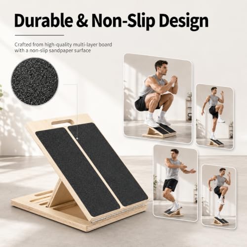 Premium Wooden Slant Board, Adjustable Calf Stretcher & Squat Wedge with 5 Incline Angles, Anti-Slip Surface, Supports 550 lbs, Plantar Fasciitis Relief Tool for Home Gym & Office