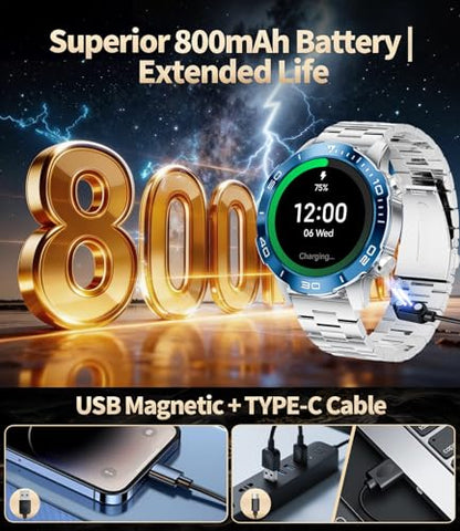 TX7 Luxury Smart Watch for Men, 1.43" AMOLED Display Fitness Tracker, 100+ Sports Mode/Sleep Monitor/IP68 Waterproof Mens Smartwatches, Military Smart Watch for Android iOS, Sliver Blue