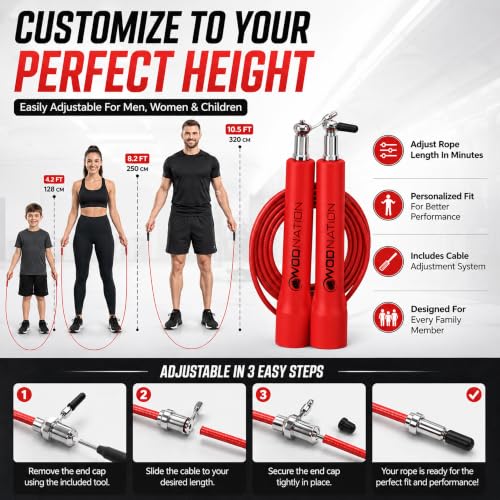 WOD Nation Adjustable Speed Jump Rope For Men, Women & Children - Blazing Fast Fitness Skipping Rope Perfect for Boxing, MMA, Endurance - color: Red
